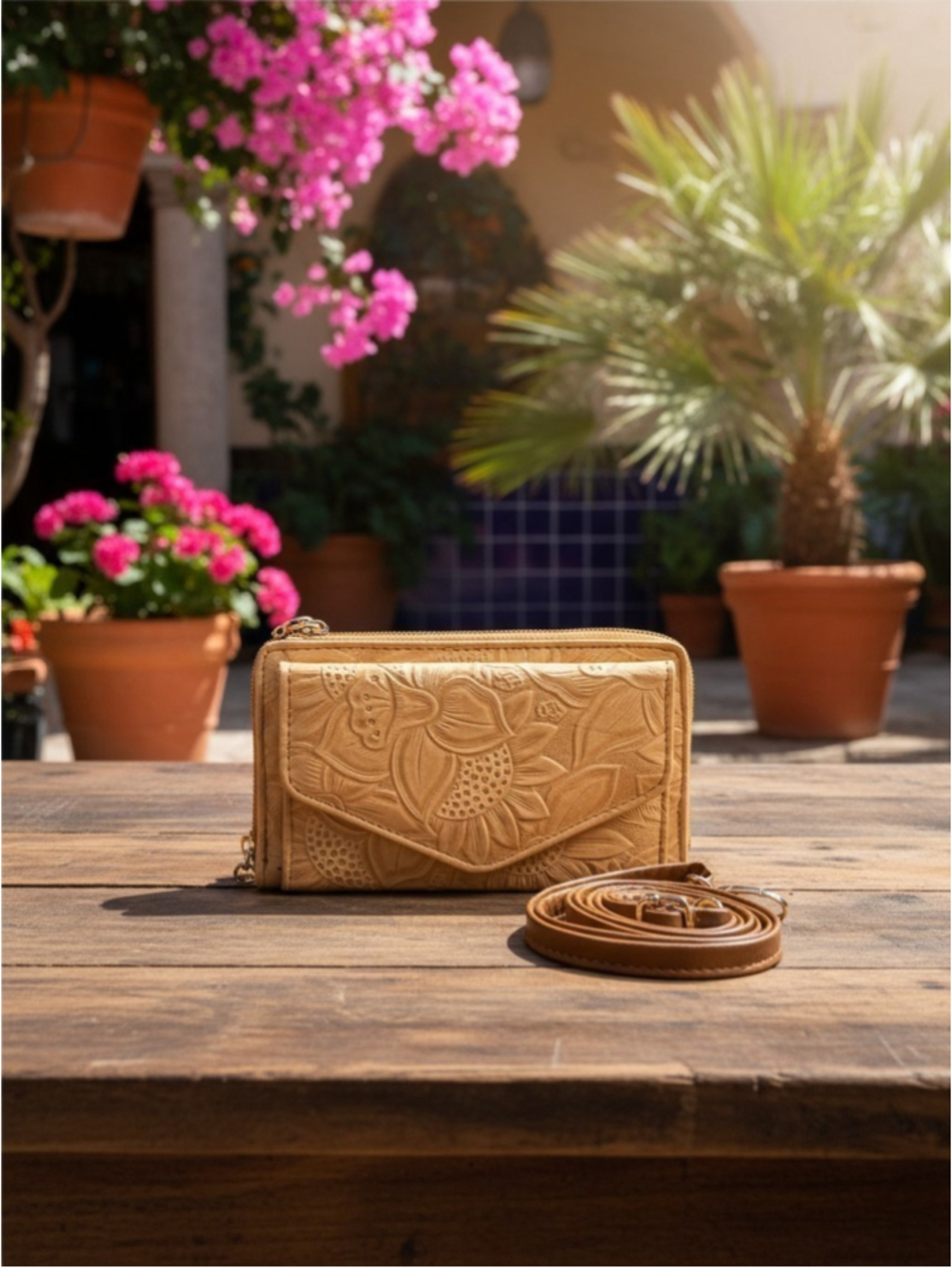 Sandy Beige Brown Sunflower Embossed Tooled Artisan LEATHER Crossbody Wallet Bag